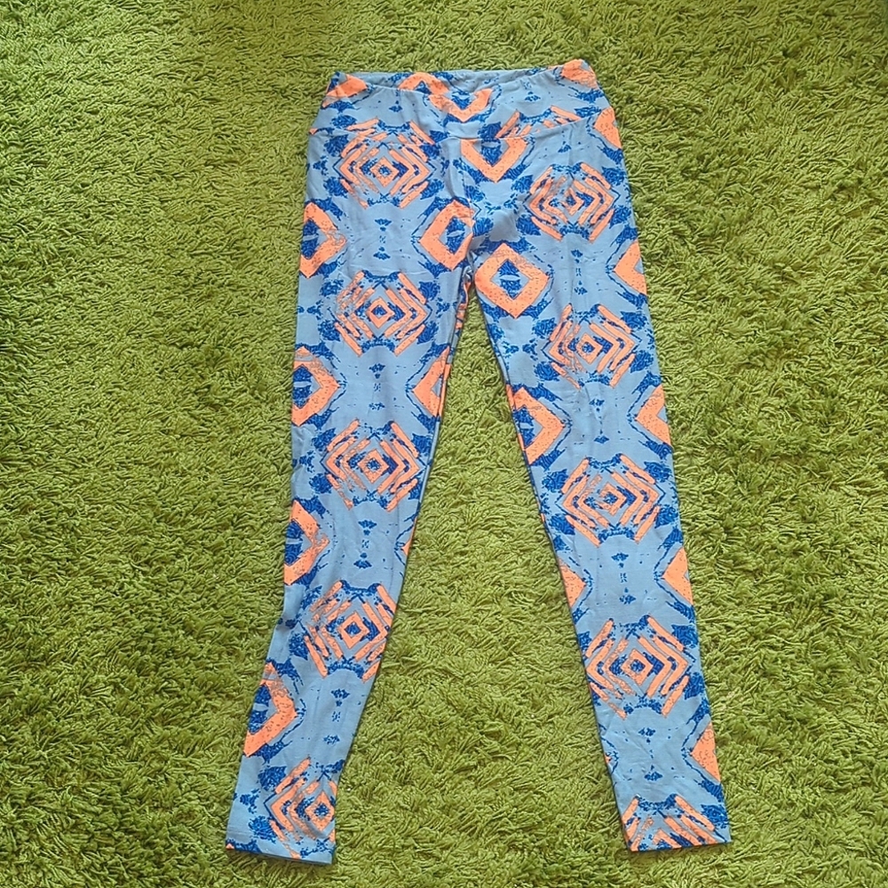 Funky blue and orange patterned leggings, yoga pants